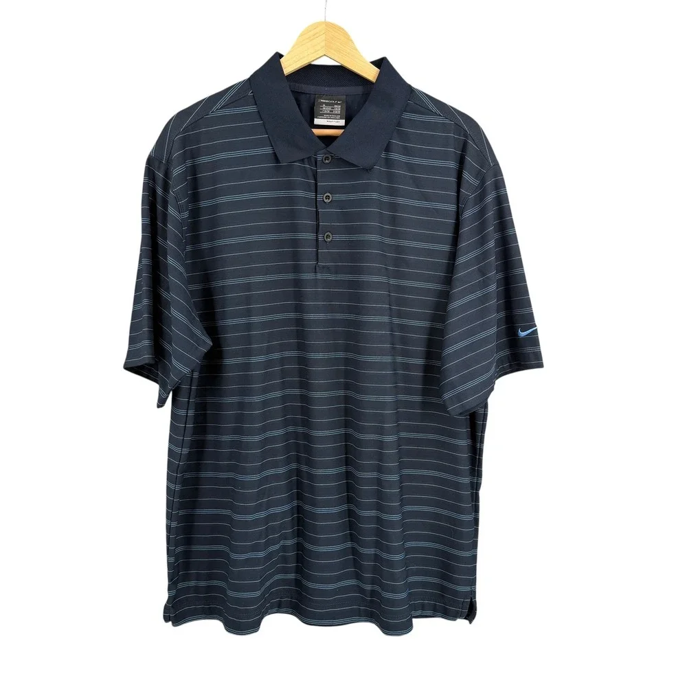 Nike Golf Mens XL Navy Blue Striped‎ Polo Shirt Dri-FIT